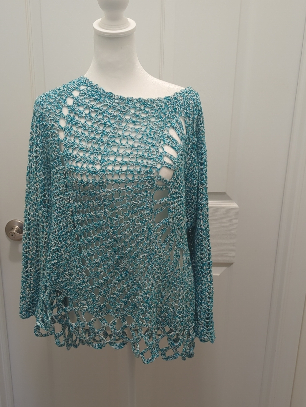 NY Collection Teal Open-Knit Off-the-Shoulder Sweater